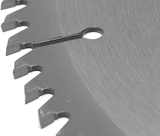 A close-up view of a miter saw blade with sharp teeth